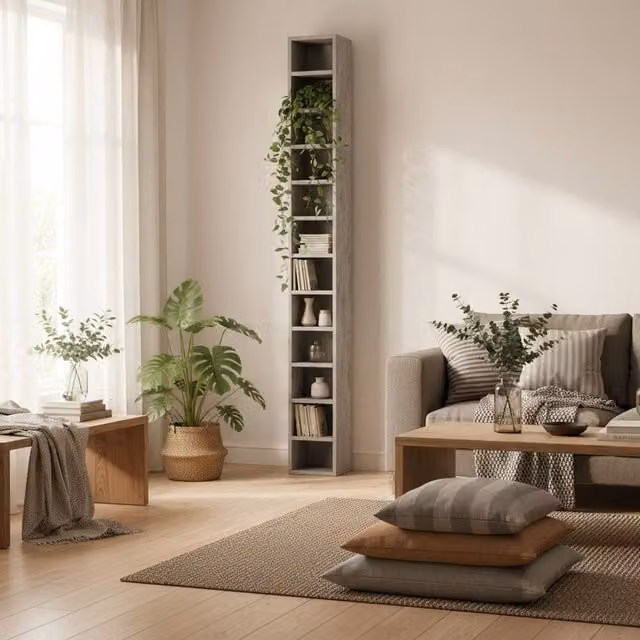 Wyld Haus Loli Tall Narrow Media Storage Tower in Cement Grey, H 175 x W 21 x D 20 cm