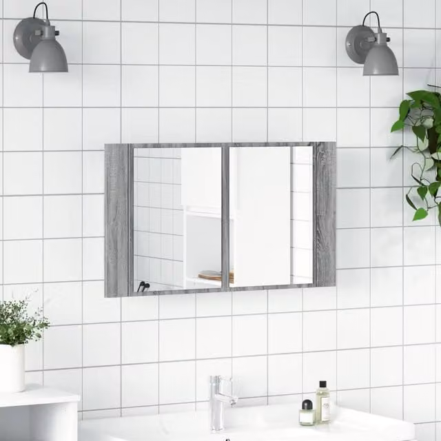 Berkfield Home LED Bathroom Mirror Cabinet in Grey Sonoma, W/D/H: 80 x 12 x 45 cm