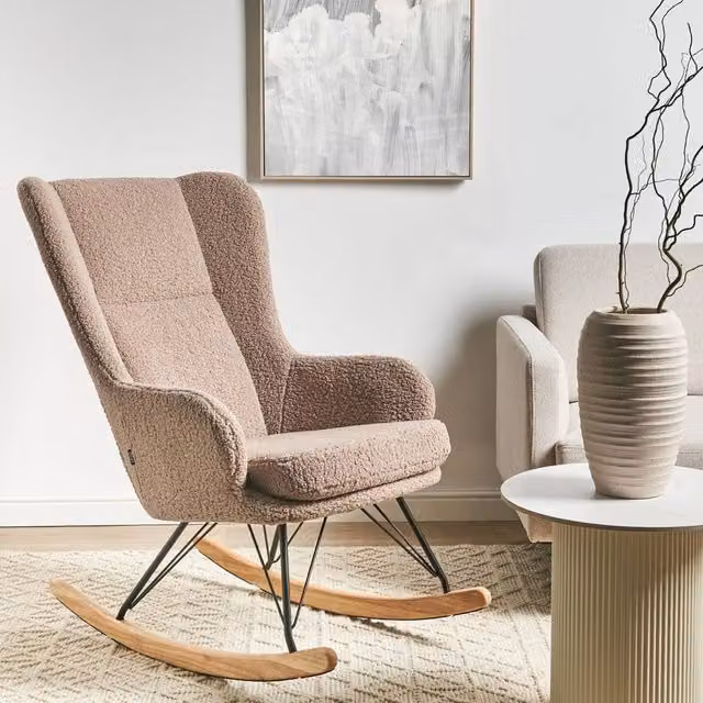 Wyld and Coco Beige Bouclé Rocking Armchair with Black Metal Legs and Armrests – 1