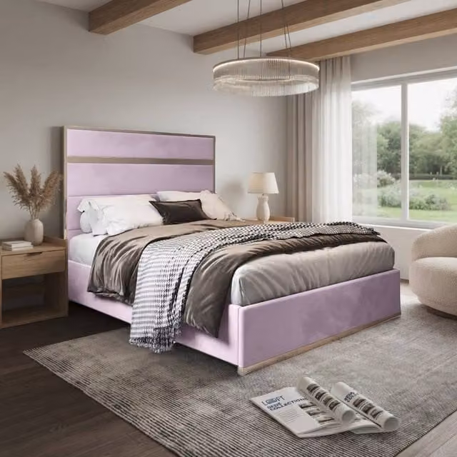 KDMD Holt Super King Designer Bed Frame with Pink Soft Velvet Upholstery and Metal Frame – 1
