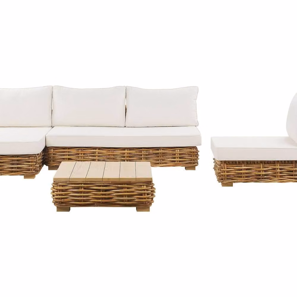 Wyld and Coco Brown Polyrattan L-Shape Modular Garden Sofa with White Cushions – 2