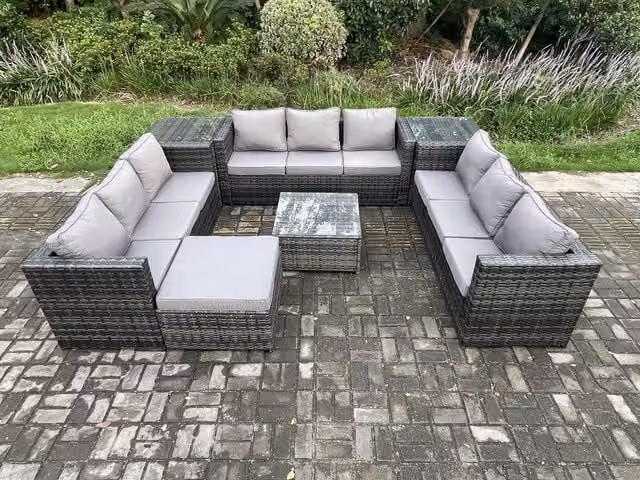 Fimous 10 Seater Outdoor Rattan Garden Furniture Set in Dark Grey with U-Shape Sofa, Coffee Table, Side Tables and Ottoman