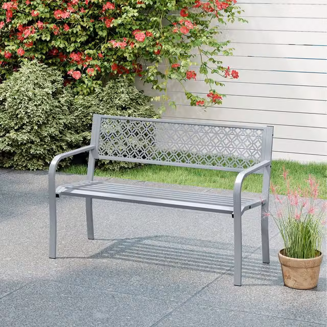 COSTWAY Modern Metal Porch Loveseat Garden Bench in Grey