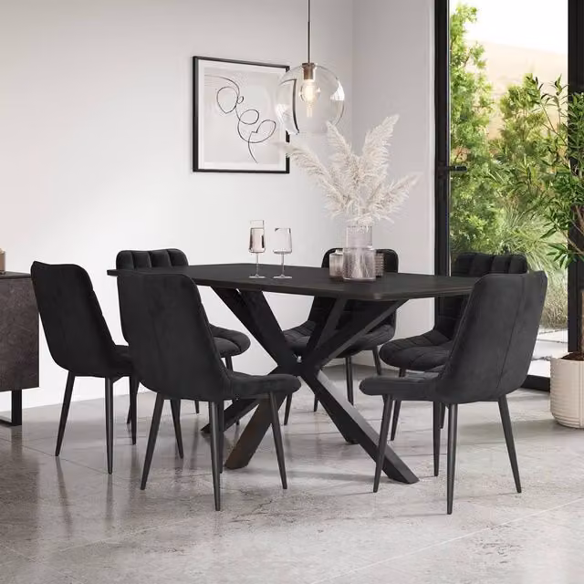 More4Homes Juno Concrete Ceramic Rectangular Dining Table and 6 Nova Black Velvet Chairs, W/D/H: 180 x 90 x 75 cm – 1