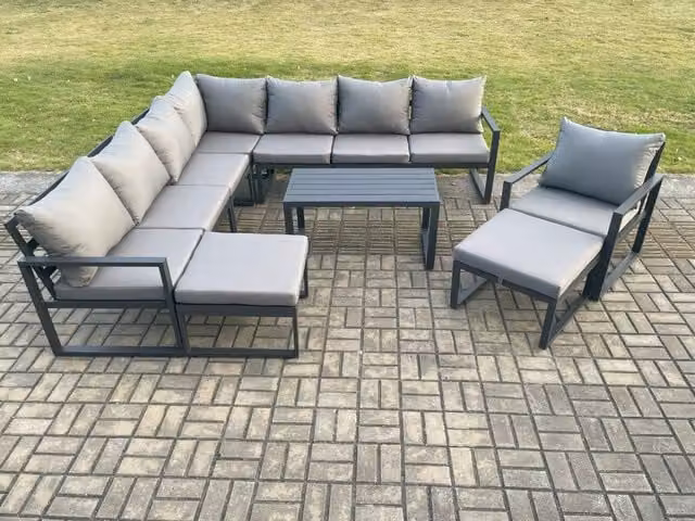 Fimous Powder Coated Aluminium L-Shape Garden Furniture Set in Dark Grey with Corner Sofa, Coffee Table and 2 Ottomans