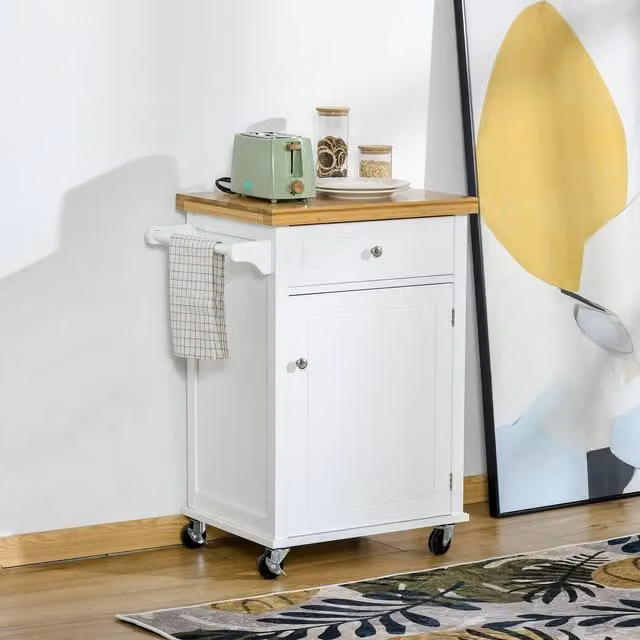 HOMCOM Rolling Kitchen Island Cart and Storage Trolley with Drawer and Towel Rail, White – 1