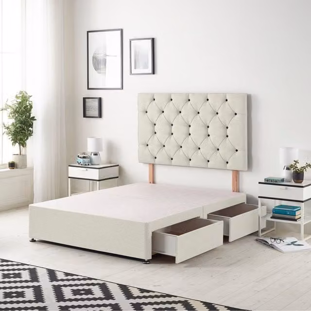 Somnior Beds Ltd Savoy Velvet Divan Bed Base with Drawers in Ivory, W/D/H: 200 x 200 x 34.5 cm