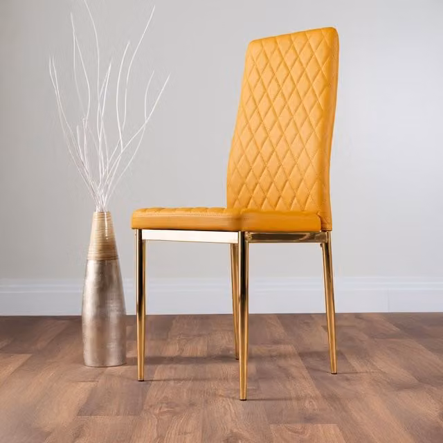 FurnitureboxUK Set of 4 Milan Gold Leg Hatched Upholstered Faux Leather Kitchen Dining Chairs in Mustard Yellow