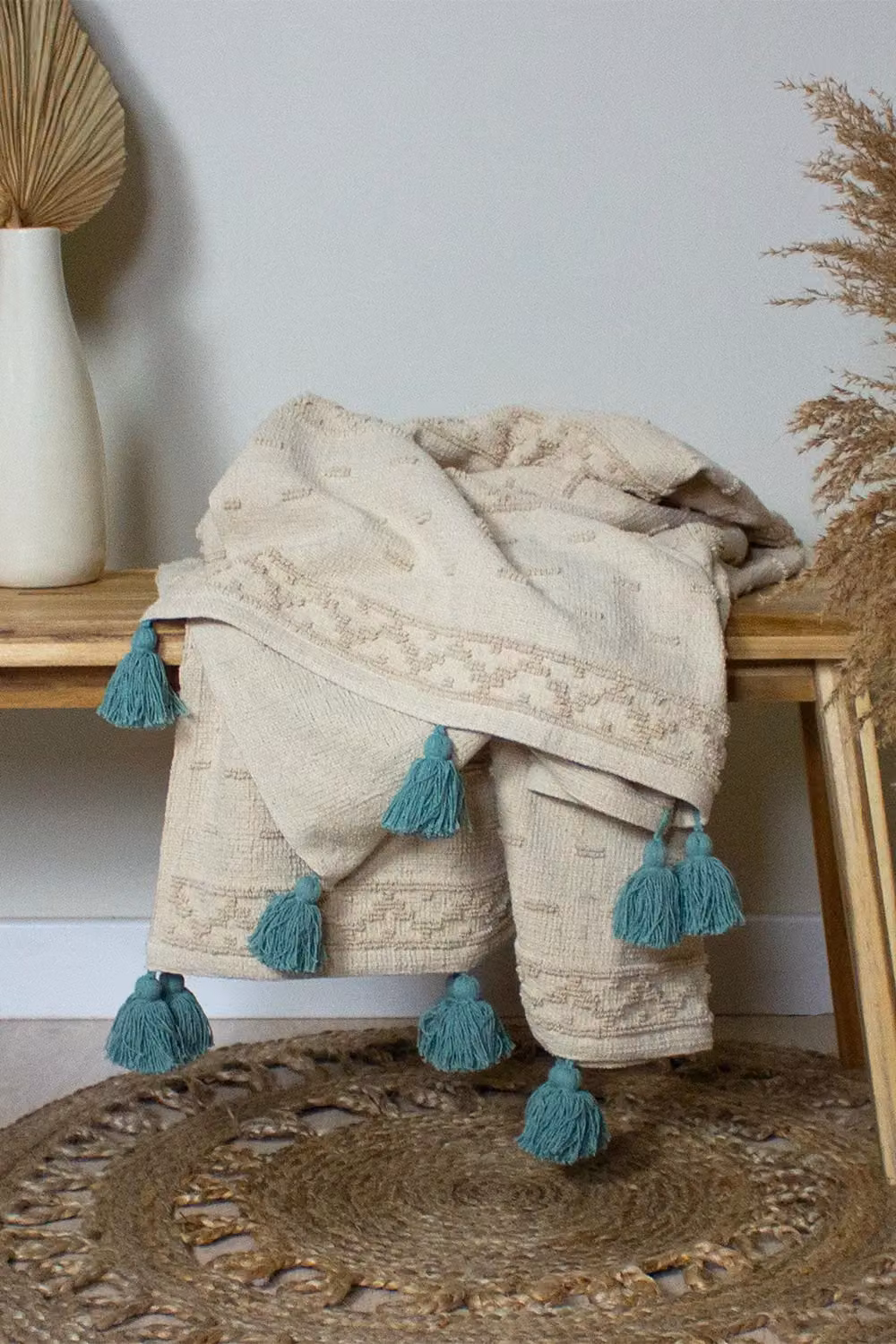 Furn Boho Geometric Woven Cotton Tufted Throw with Fringes in Green and Beige – 2