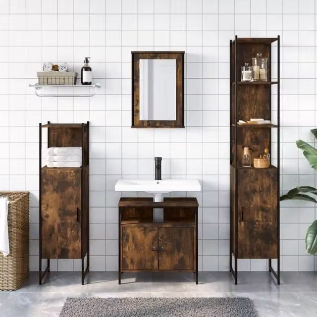 Berkfield Home 4 Piece Industrial Bathroom Furniture Set in Brown Smoked Oak