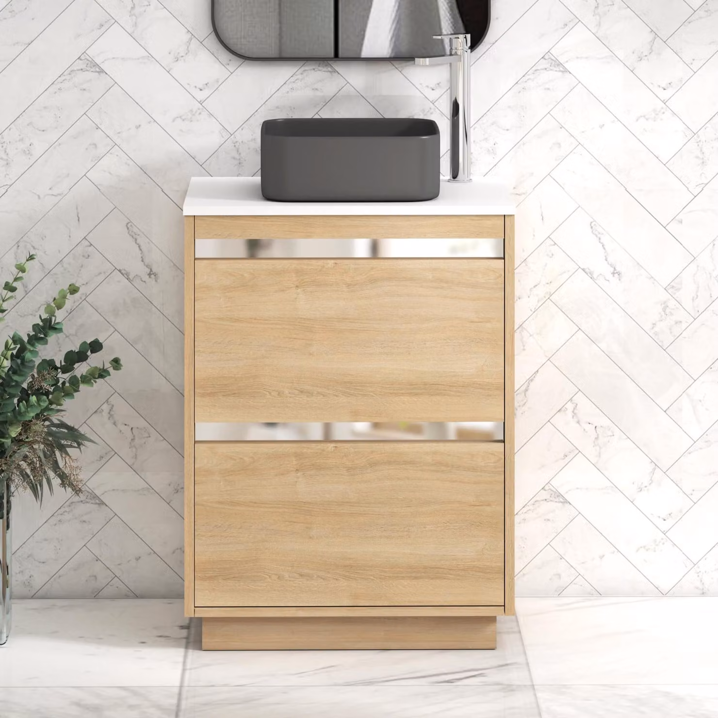 Royal Bathrooms Orion 600mm Natural Oak and Plain White Floor Standing 2 Drawer Vanity Unit with Art Square Basin and Chrome Accent Trim