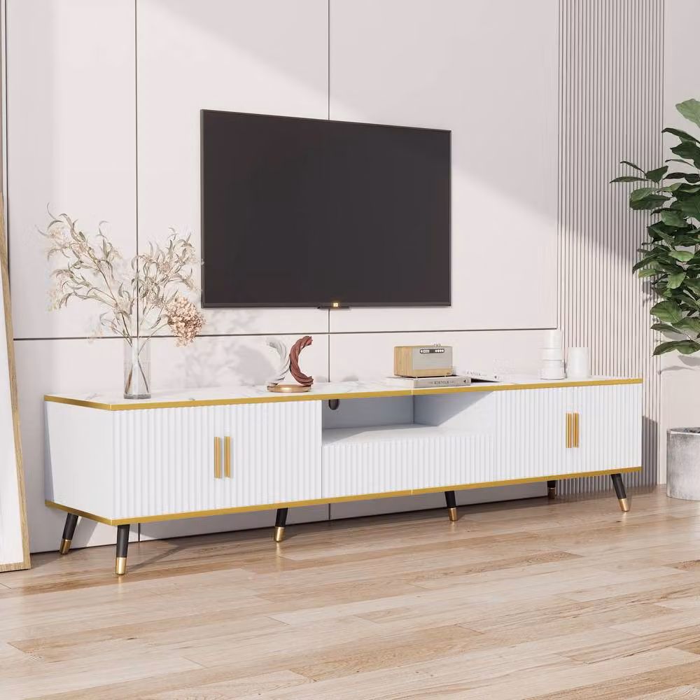 Merax Modern White and Gold Media Console TV Stand with Marble Effect Top and Soft Close Drawers, W: 200 cm, D: 40 cm, H: 46 cm – 2