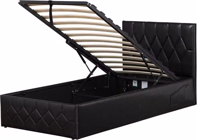 Modernique Black Faux Leather Ottoman Storage Bed with USB Charging Ports, W/D/H: 140 x 200 x 90.5 cm
