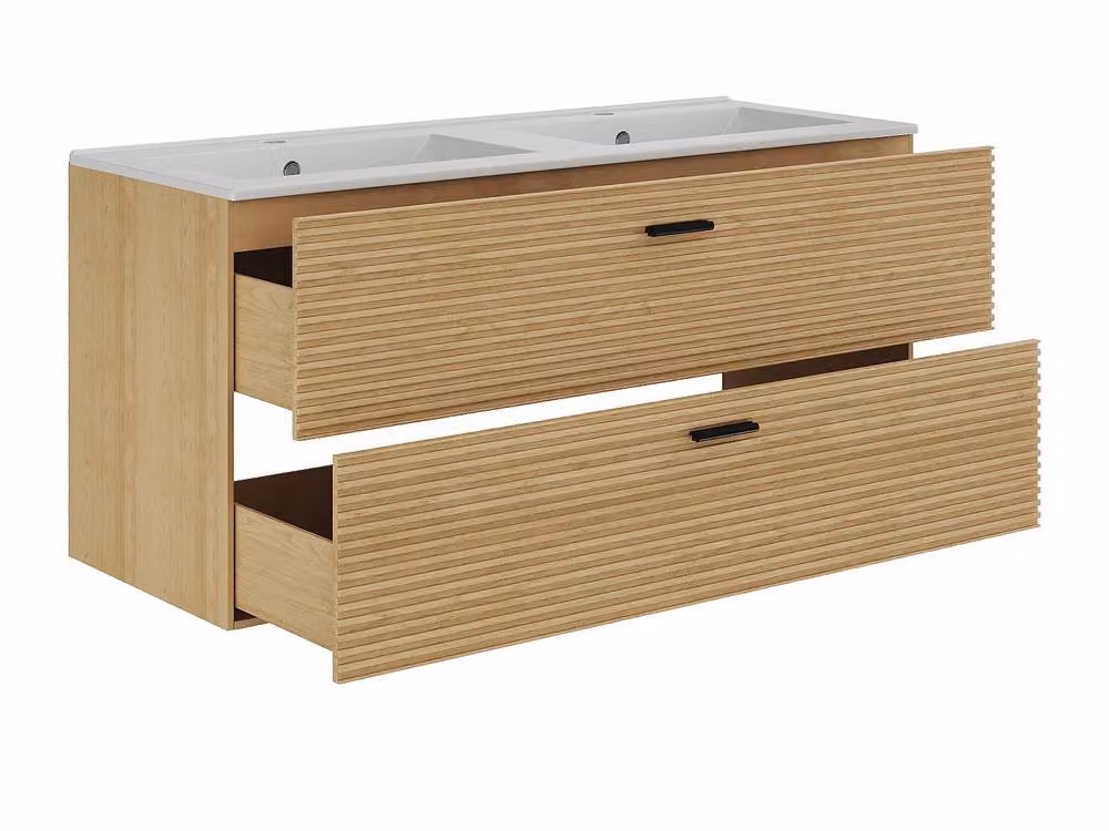 Vente-unique Striped Wall-Hung Bathroom Vanity Unit with Undermount Basin in Light Oak, W: 120 cm, D: 46 cm, H: 55 cm – 2