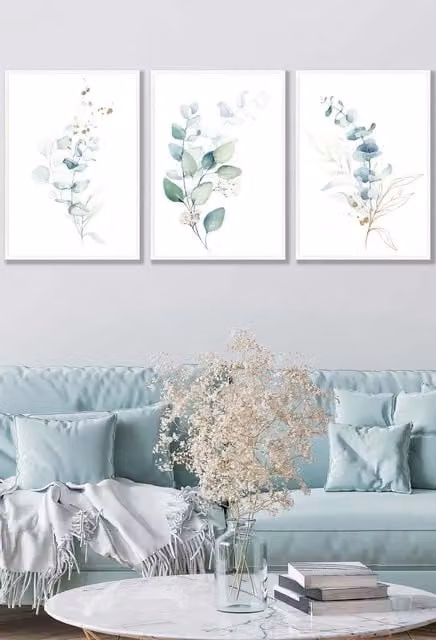 ARTZE Set of 3 Eucalyptus Watercolour Botanical Wall Art in Green and Blue with White Frames, W: 53 cm, H: 73 cm, D: 2 cm