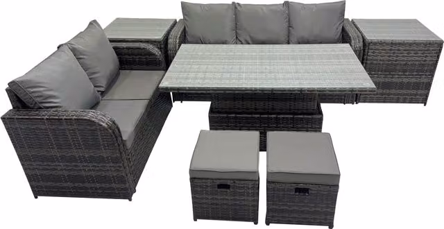 Fimous 7-Seater Rattan Garden Furniture Dining Set with 2 Small Footstools in Dark Grey – 1