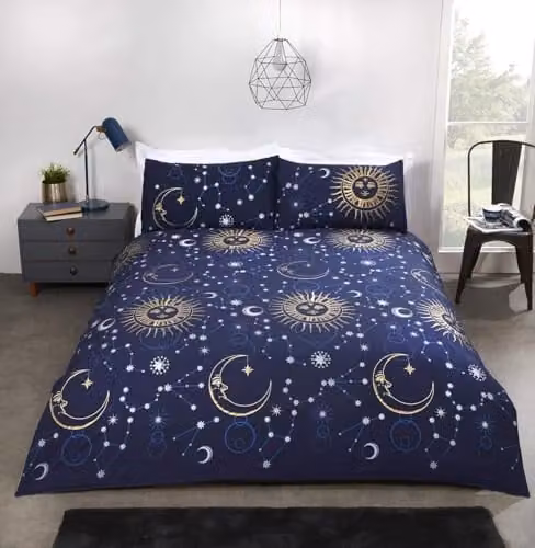 Rapport Home Celestial King Duvet Cover and Pillowcase Set in Black and Blue Star Print, Polycotton Blend, Duvet Cover: 180 x 200 cm, Pillowcase: 50 x 75 cm