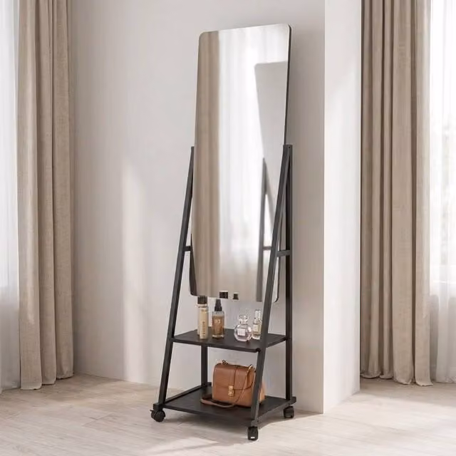 STILVORA Full Length Mirror with Shelves and Wheels in Black