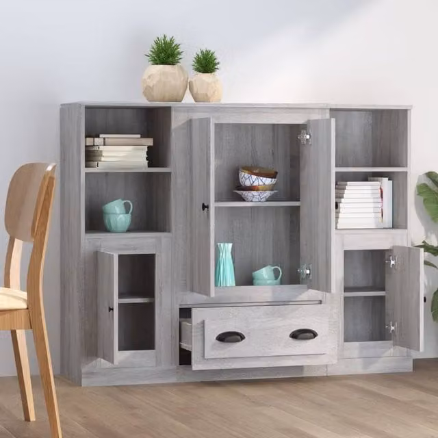 Berkfield Home Set of 3 Grey Sonoma Highboards in Engineered Wood, W/D/H: 103.5 x 35.5 x 35.5 cm