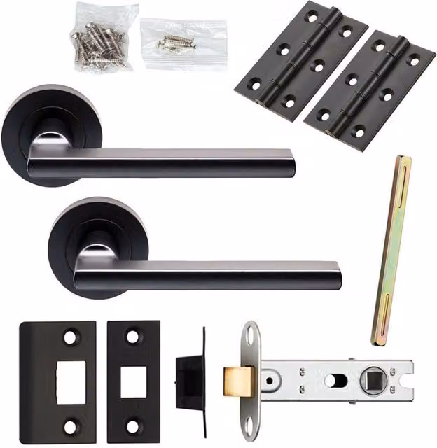 Loops Matt Black Door Handle and Latch Pack with Plinth Mounted Bar and Screwless Round Rose