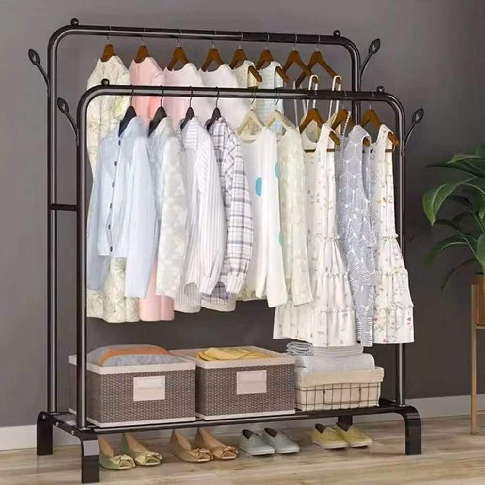 FLAVORA Black Matt Metal Hanging Garment Rack and Shoe Storage Open Wardrobe – 3