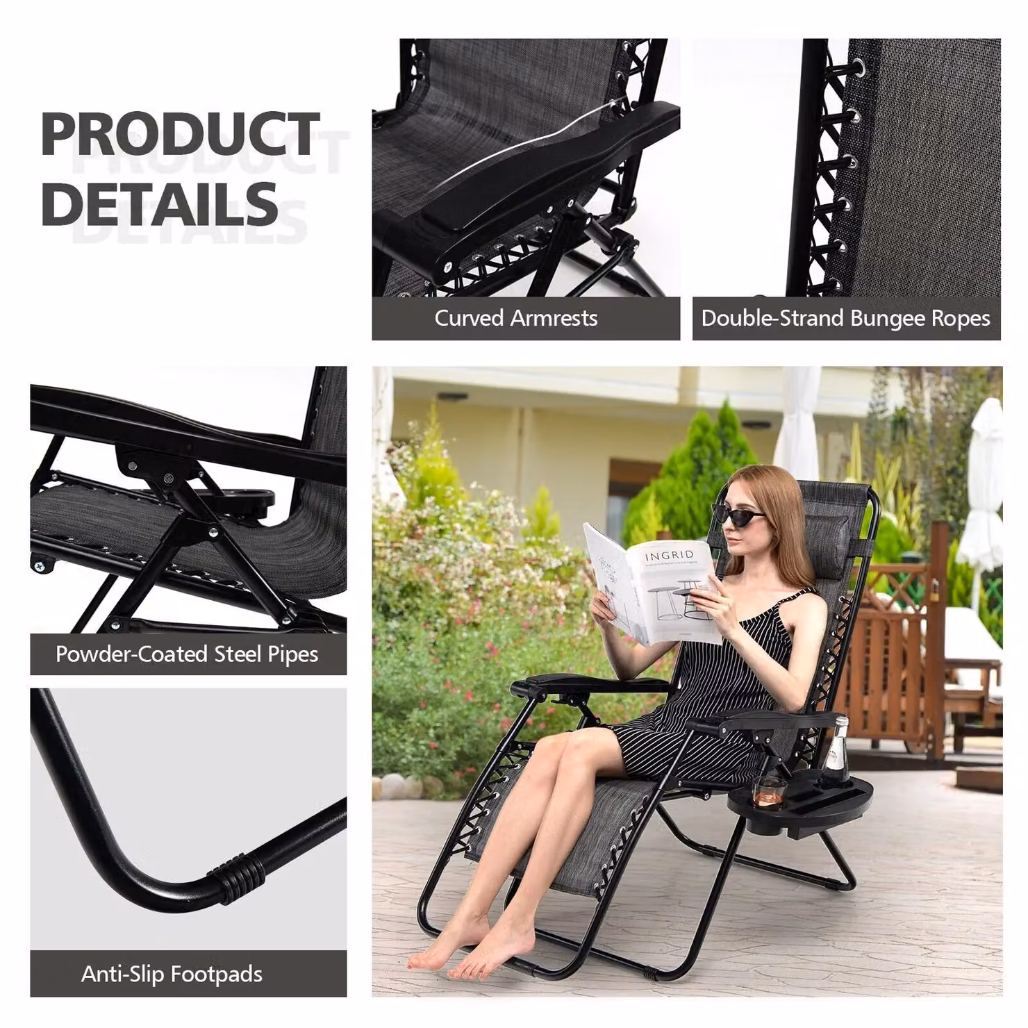 Costway Set of 2 Grey Zero Gravity Folding Recliner Chairs with Removable Headrests for Garden and Terrace – 6