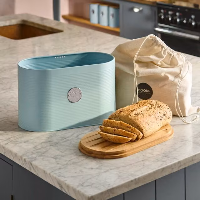 Cooks Professional Ribbed Bread Bin with Linen Bag and 2-in-1 Bamboo Cutting Board Lid in Blue and Silver