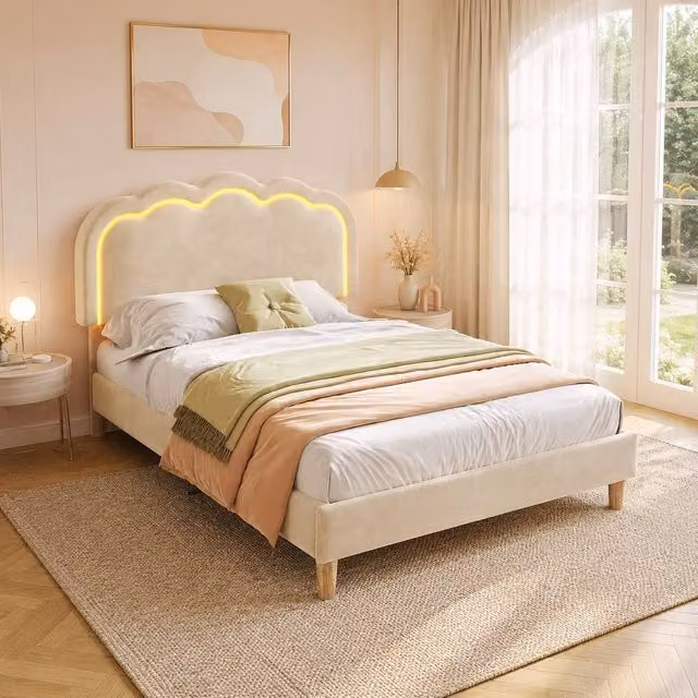 STILVORA Single Bed Frame with LED Under-Bed Lighting and Adjustable Velvet Upholstered Headboard in Beige, W/D/H: 90 x 190 cm