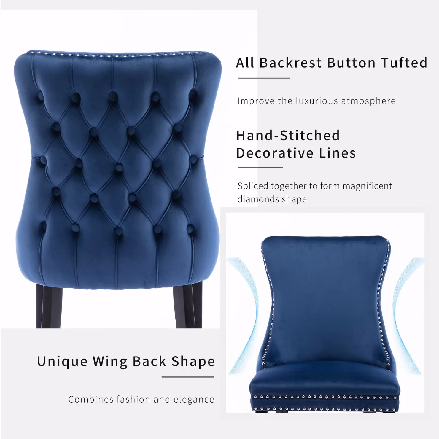 HomeTouch Sierra Set of 6 Blue Velvet Tufted Wing Back Dining Chairs with Oak Wood Legs – 6