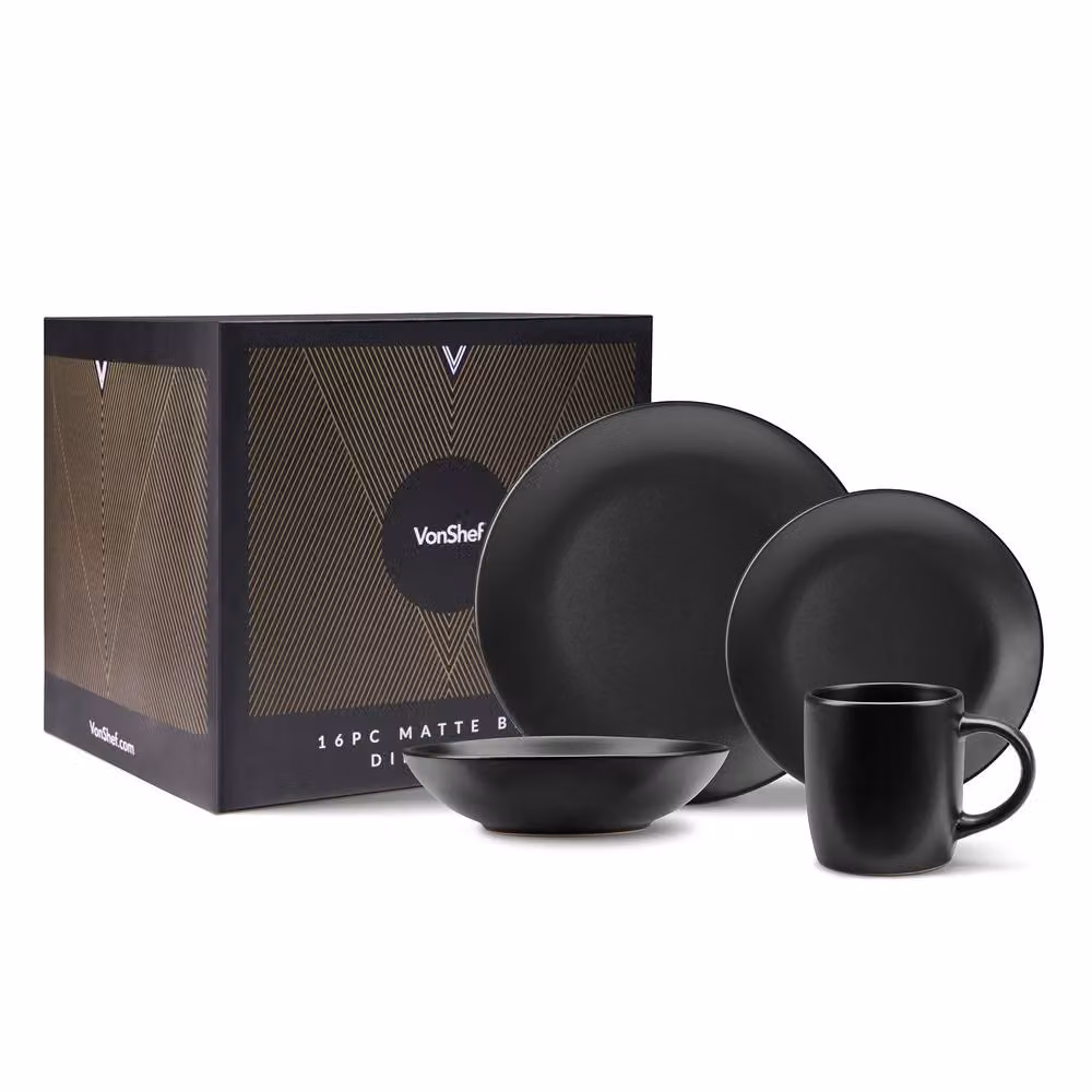 VonShef 16-Piece Matte Black Stoneware Dinner Set for 4 People – 8
