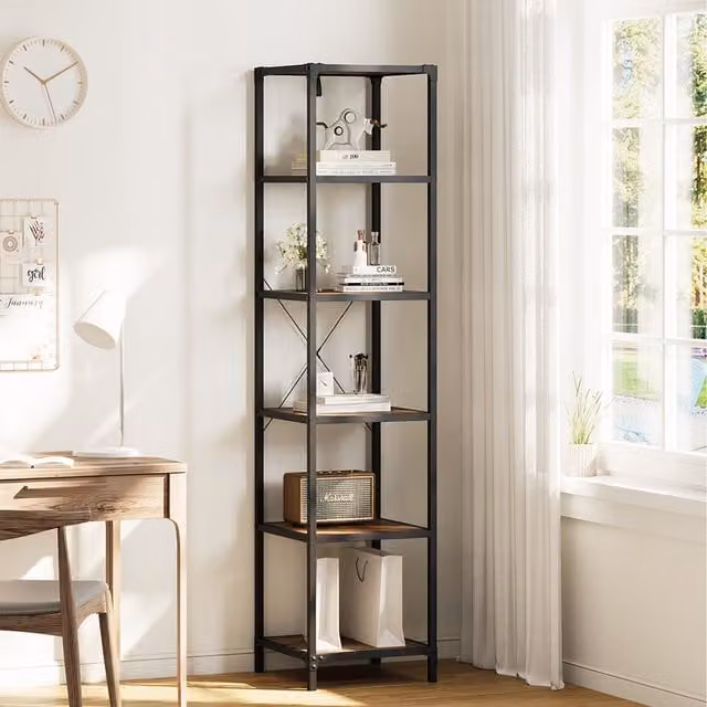 Livingandhome Industrial Style 6-Tier Metal and MDF Book Shelf in Brown