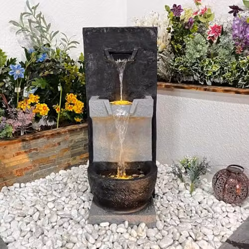 Tranquility Fall Cascade Tabletop Stone Water Feature with LED Light in Natural Black, W/D/H: 35 x 52 x 80 cm