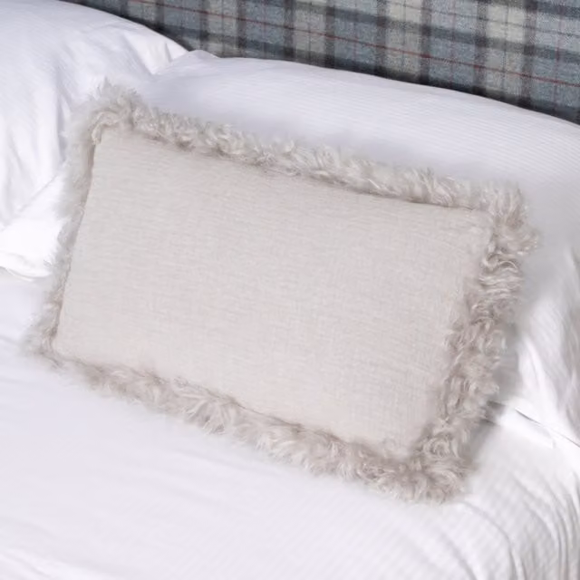 Native Natural Rectangular Grey Linen Cushion with Lambskin Trim