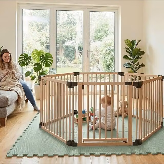 Safetots Hexagonal Wooden Play Den with Soft Foam Play Mat, Dusty Blue and Natural, W/D/H: 180 x 150 x 80 cm