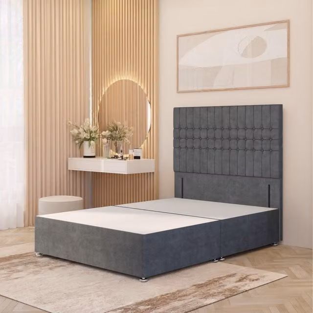 Somnior Beds Ltd Lexington Divan Bed Base with 54 inch Floor Standing Headboard in Silver Grey Plush Velvet, W/D/H: 120 x 200 cm