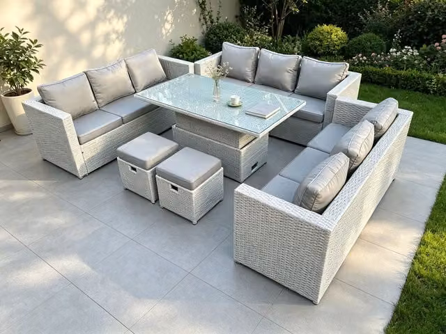 Fimous U-Shape Rattan Garden Furniture Set with Adjustable Lifting Table and 2 Stools in Light Grey
