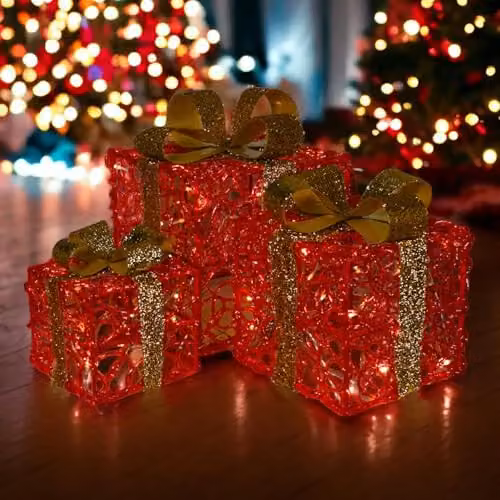 mysmartbuy Set of 3 LED Light Up Christmas Gift Boxes in Red and Gold with Timer, Battery Powered Indoor or Outdoor Festive Decorations, H: 28 x 25 x 23 cm – 2