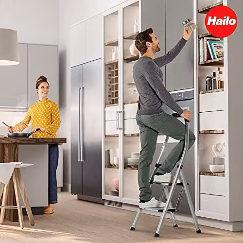 Hailo Living Step Comfort Plus Deluxe 2-Step Aluminium Folding Step Ladder in Silver and White – 3