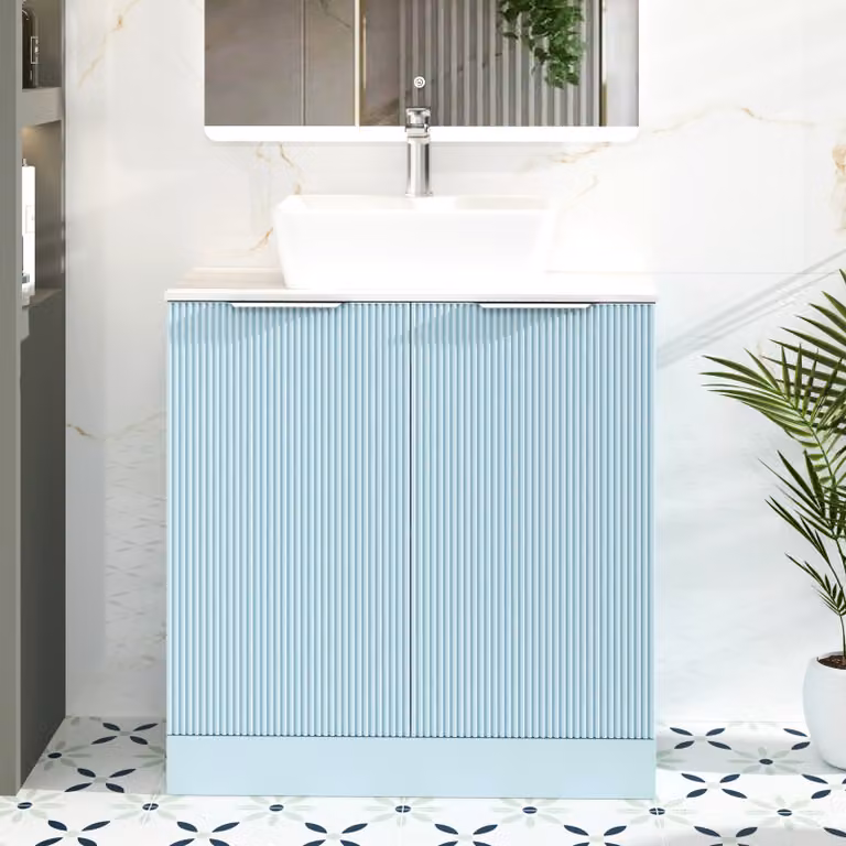 Royal Bathrooms Evora 800mm Powder Blue Fluted Floor Standing 2 Door Vanity Unit with Stone Countertop Basin