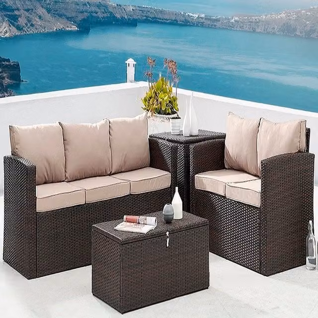 Home Detail Paloma L-Shape Rattan Garden Furniture Set with Ottoman Storage and Cushions in Brown and Grey – 1