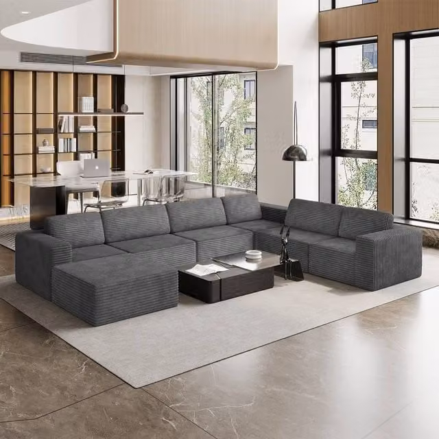 Dprodo Grey Corduroy 6 Seater Modular L-Shape Corner Sofa with Matching Ottoman and Removable Covers