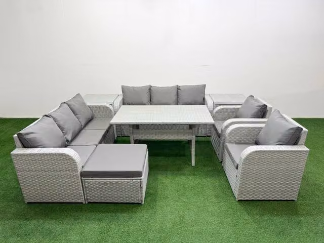 Fimous Grey PE Rattan High Back Lounge Sofa and Rectangular Dining Set with 3 Seater Sofa, Reclining Chair, Large Footstool and 2 Side Tables