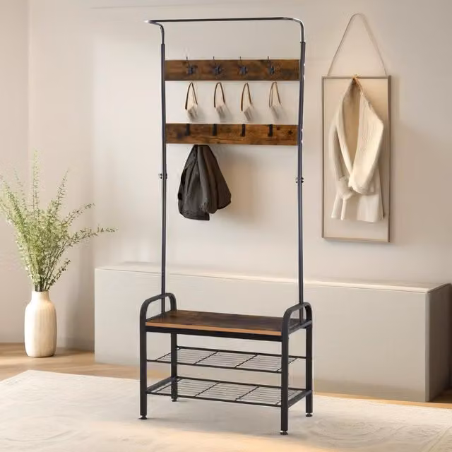 Pirlo Plush Industrial Hall Tree Coat Rack Stand with Shoe Storage Shelves and Bench in Brown – 1
