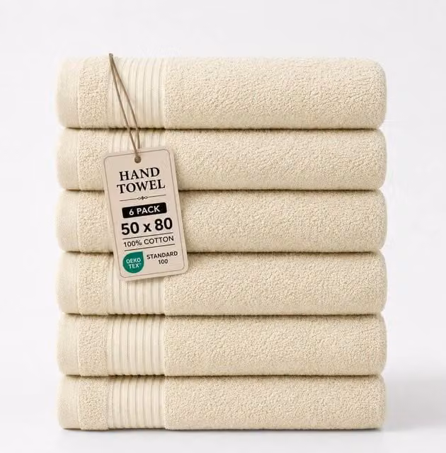 Grace Premium Fluffy Cotton Hand Towels, Pack of 6, Beige – 1