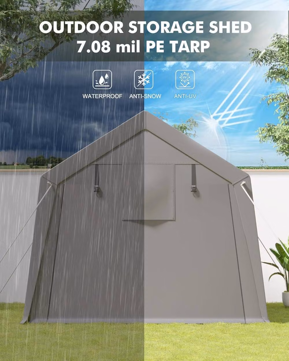 London Boutique Grey Metal Garden Storage Shed and Motorbike Shelter with Roll-Up Zipper Door and Gable Roof – 5