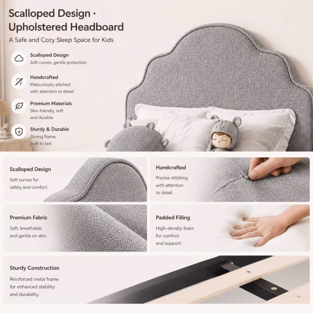 Merax Scalloped Upholstered Single Ottoman Bed Frame, Grey, W/D/H: 90 x 190 cm – 3