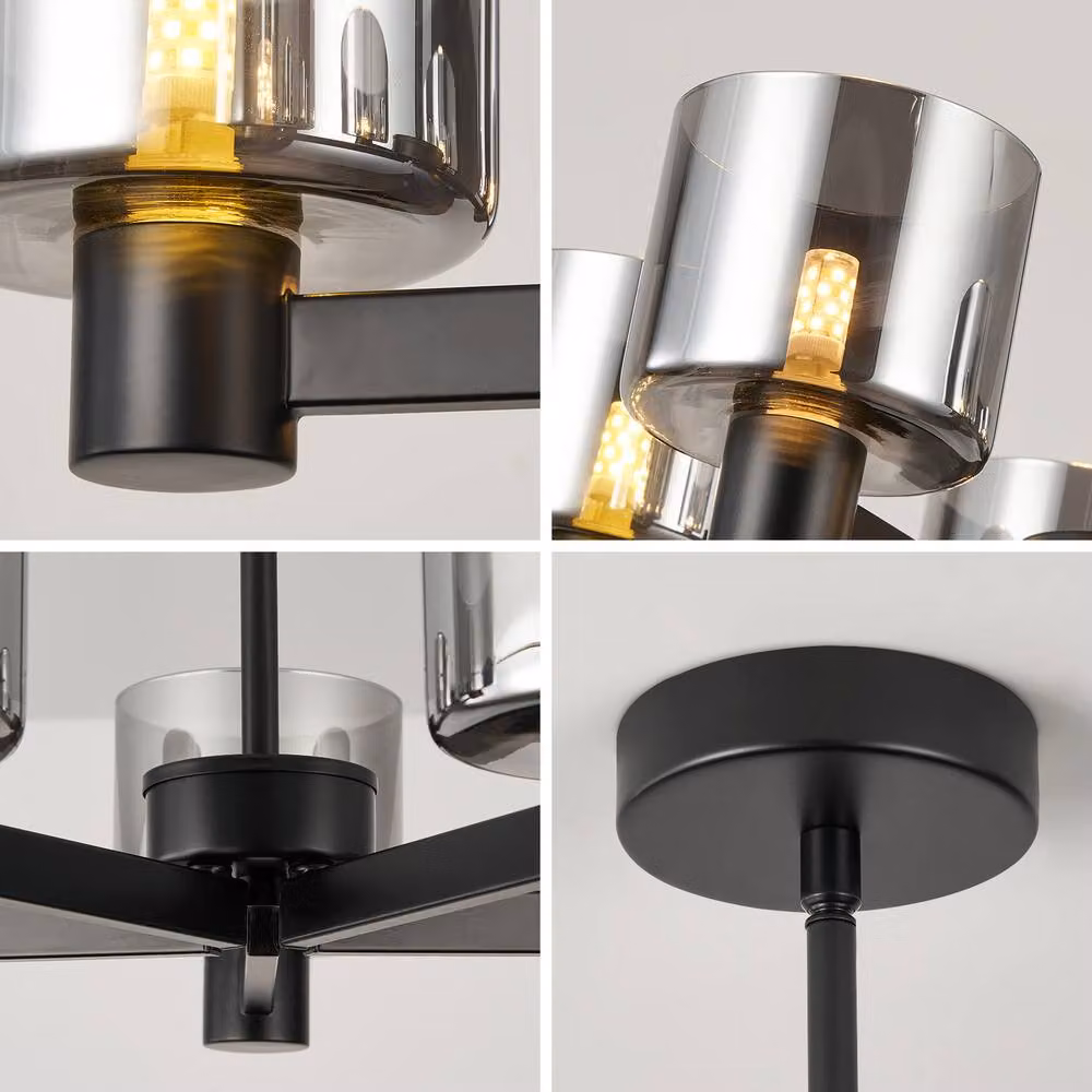 Harper Living 5 Light Semi Flush Ceiling Lamp in Matt Black with Grey Smoked Glass Shades – 2