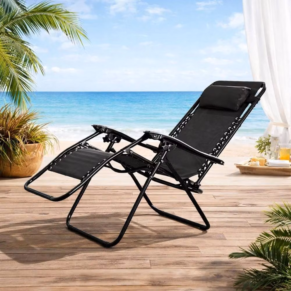 FORGEVIO Zero Gravity Reclining Sun Lounger in Black with Adjustable Headrest and Textilene Fabric – 2