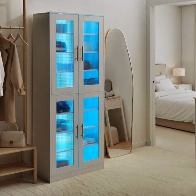 Wyld and Coco Tall Shoe Cabinet with 2 Glass Doors, 8 Shelves and Integrated LED Lighting, White