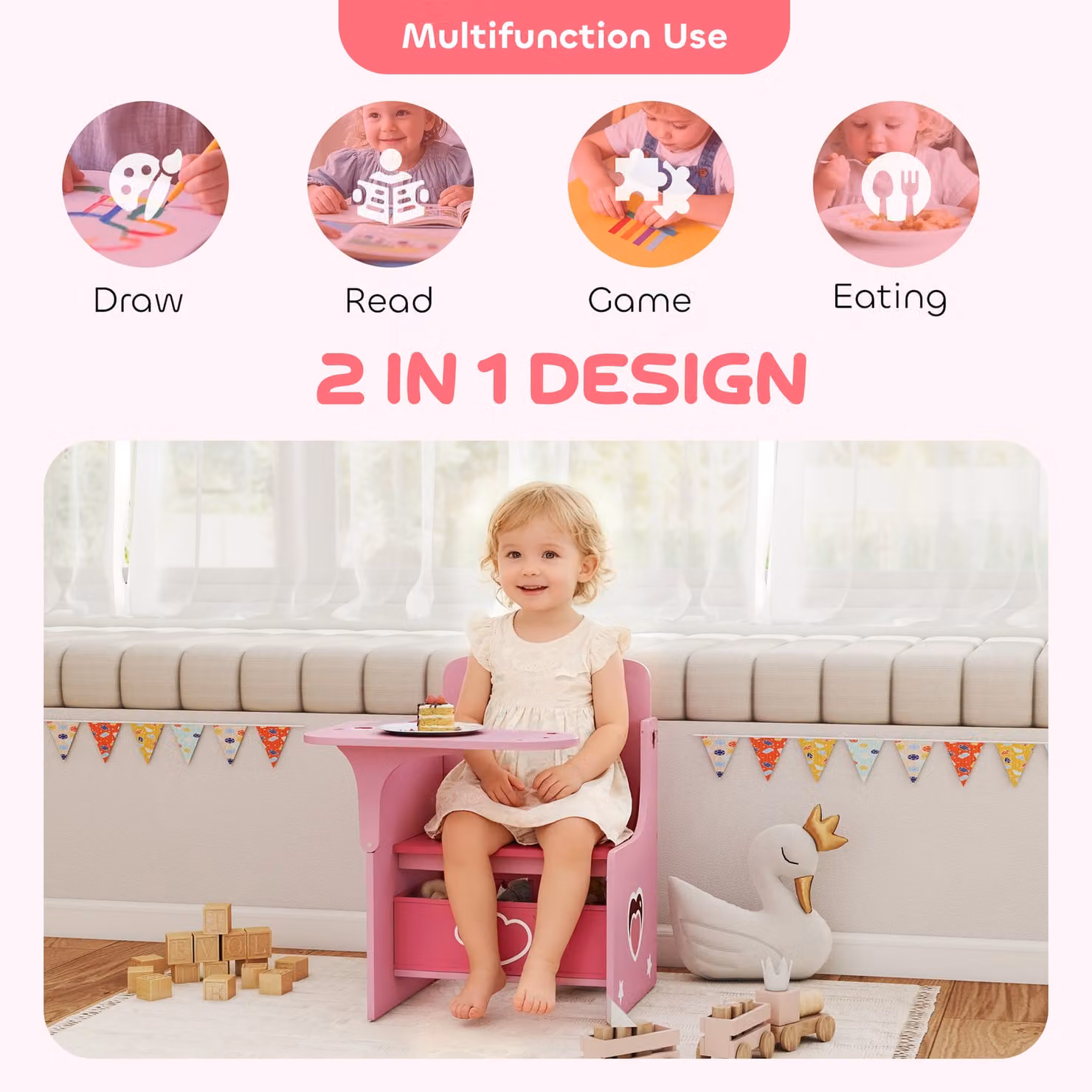 AIYAPLAY Kids Table and Chair Set with Storage Bins in Pink – 2